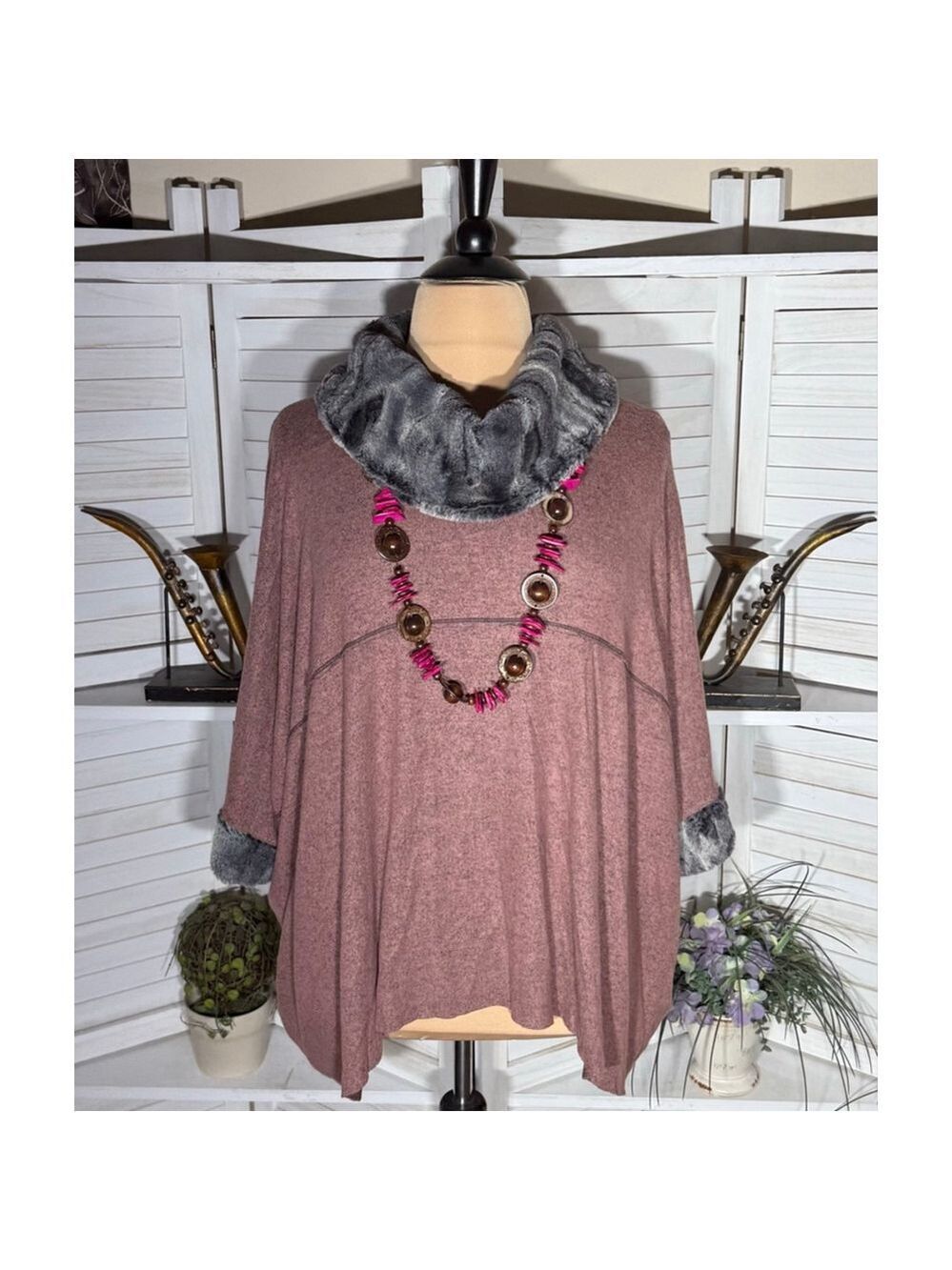 Vine Street poncho made in USA faux fur whimsigoth boho fairy cottage rose pink